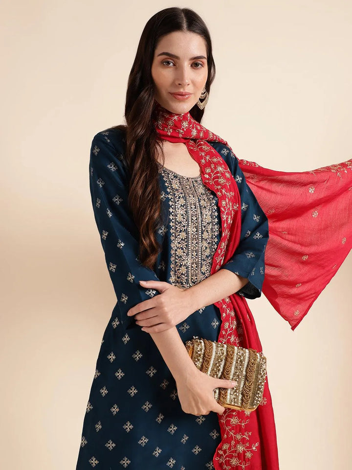 Blue Embroidered silk blend straight kurta with pant & dupatta - VJV Now