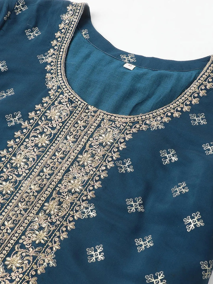 Blue Embroidered silk blend straight kurta with pant & dupatta - VJV Now