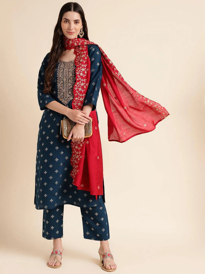 Blue Embroidered silk blend straight kurta with pant & dupatta - VJV Now