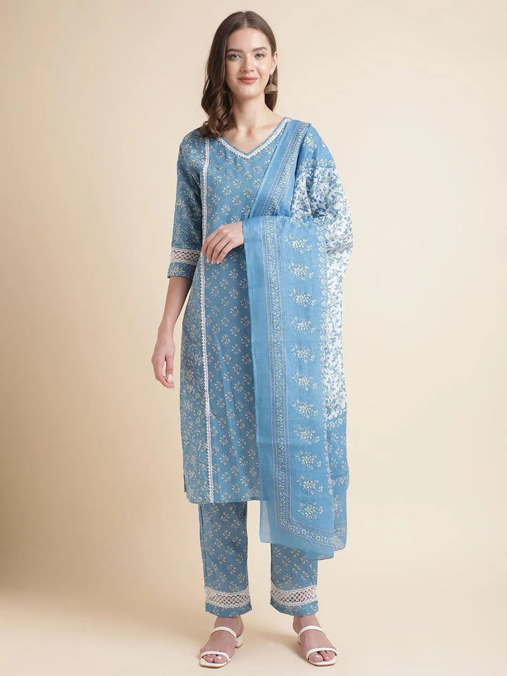 Blue Floral Printed white cotton Lace Embellished Kurta with pant and dupatta - VJV Now