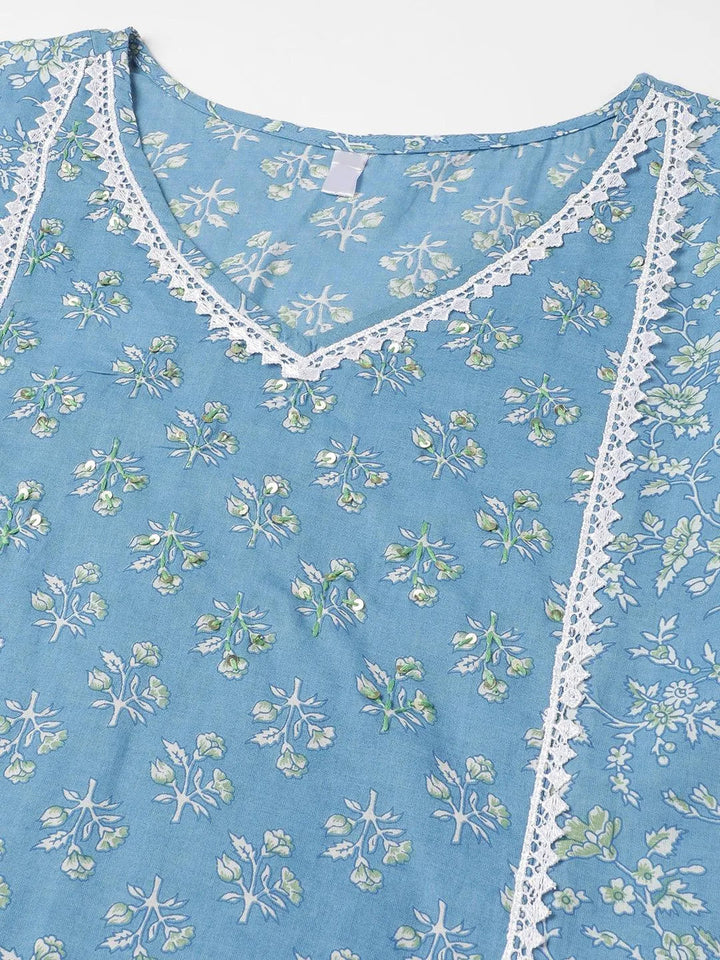 Blue Floral Printed white cotton Lace Embellished Kurta with pant and dupatta - VJV Now