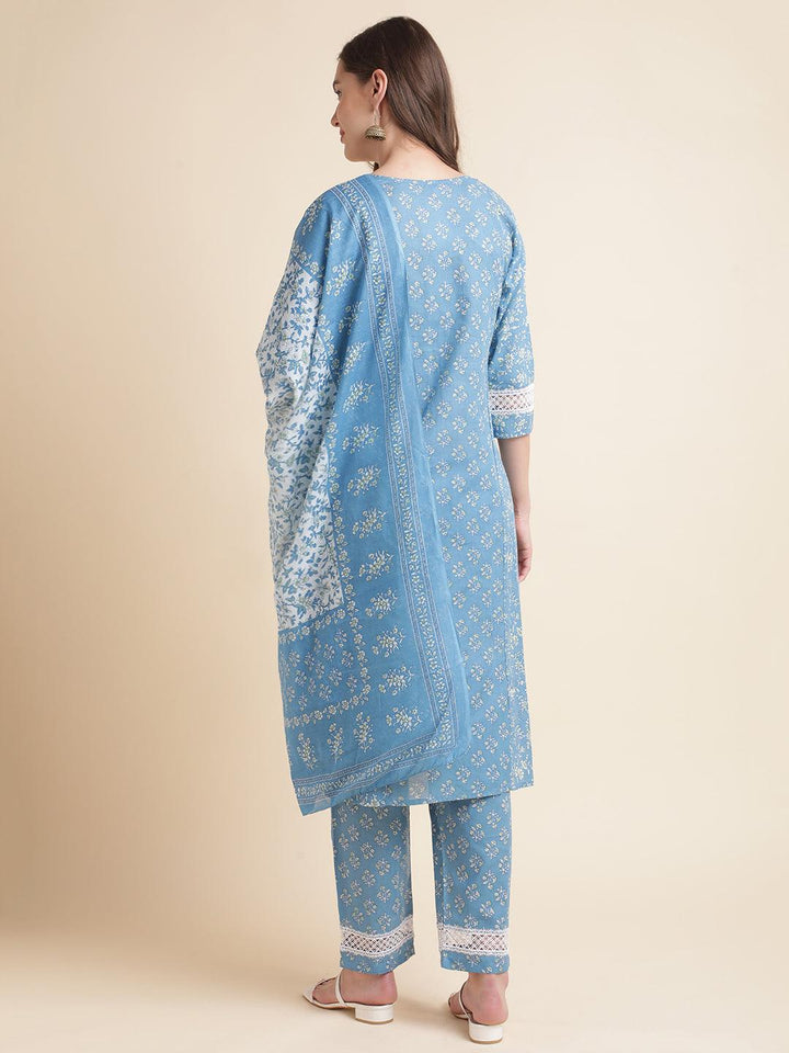 Blue Floral Printed white cotton Lace Embellished Kurta with pant and dupatta - VJV Now