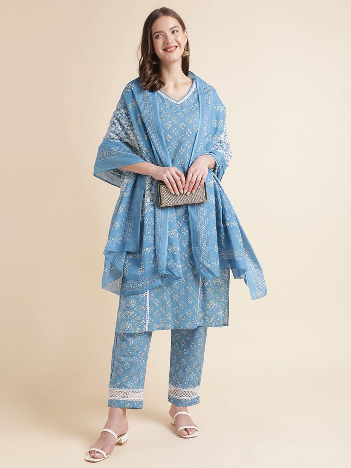 Blue Floral Printed white cotton Lace Embellished Kurta with pant and dupatta - VJV Now