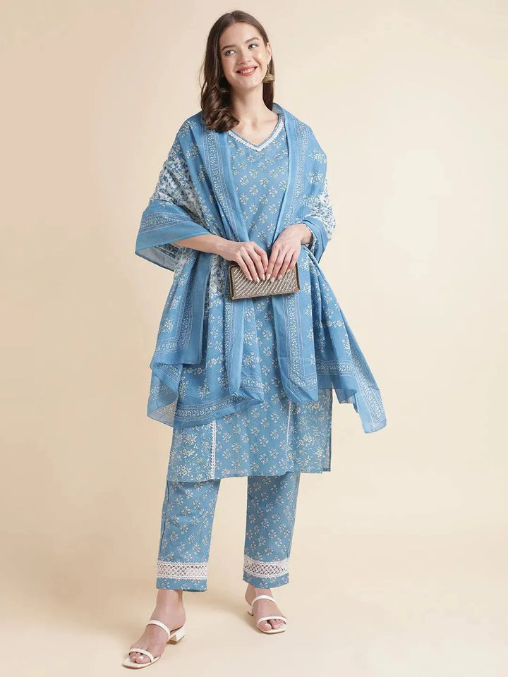 Blue Floral Printed white cotton Lace Embellished Kurta with pant and dupatta - VJV Now