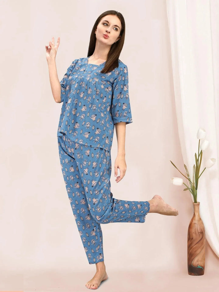 Blue Quirky Space Print Cotton Night Suit - VJV Now