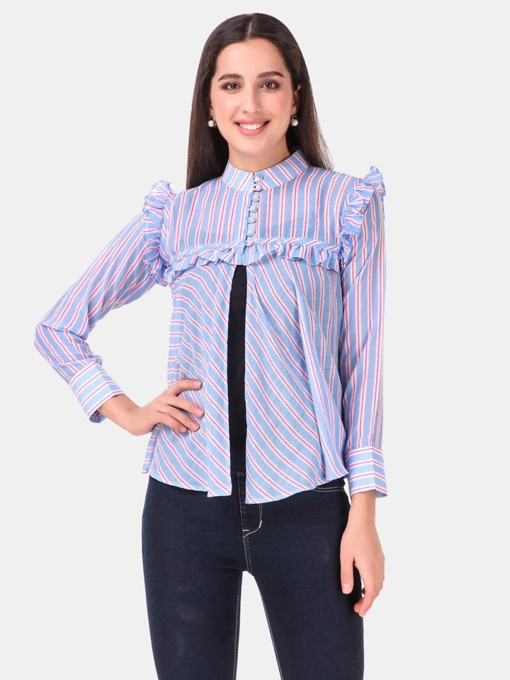 Blue stripe soft cotton high neck top - VJV Now