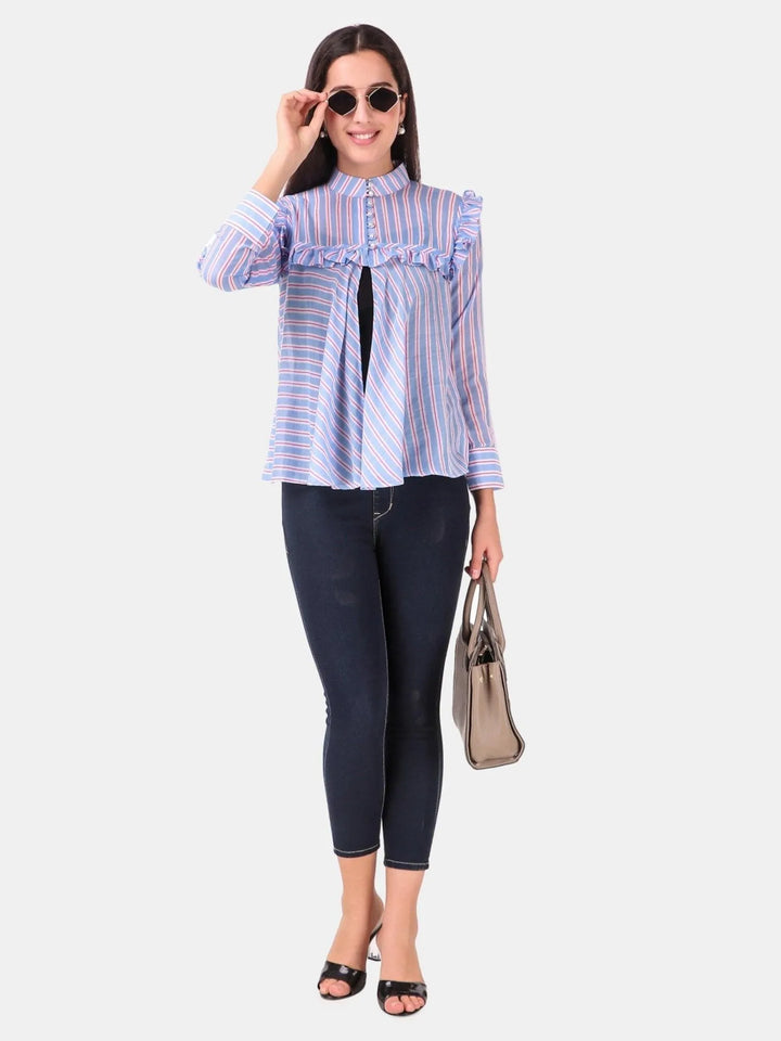 Blue stripe soft cotton high neck top - VJV Now