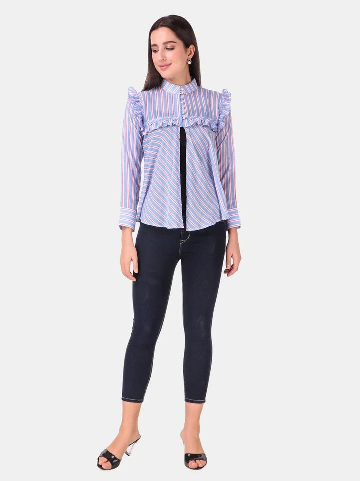 Blue stripe soft cotton high neck top - VJV Now