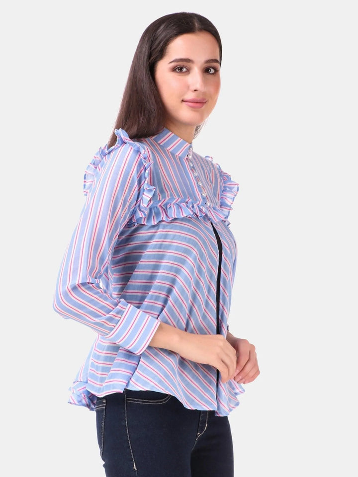 Blue stripe soft cotton high neck top - VJV Now