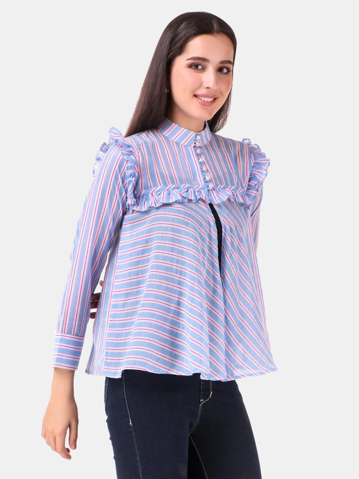 Blue stripe soft cotton high neck top - VJV Now