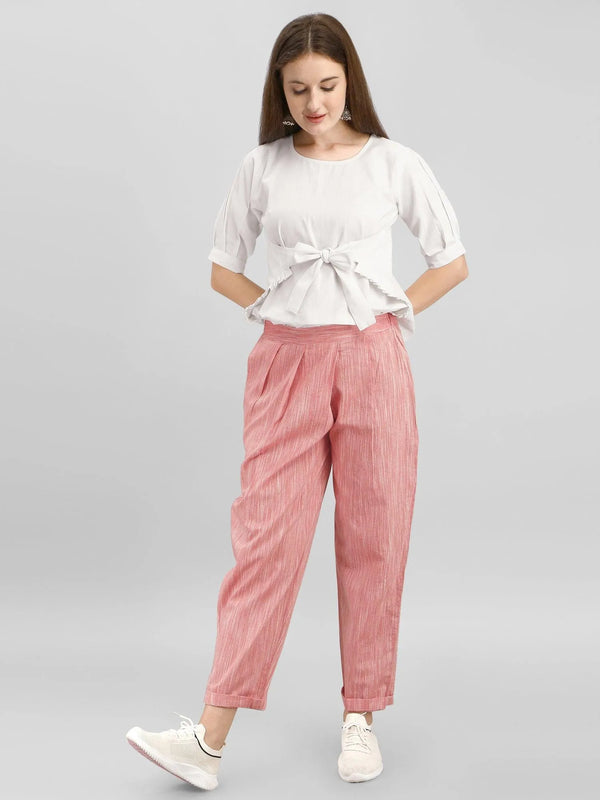 Casual Peach Pleated Pant And Tie Up Top Set - VJV Now