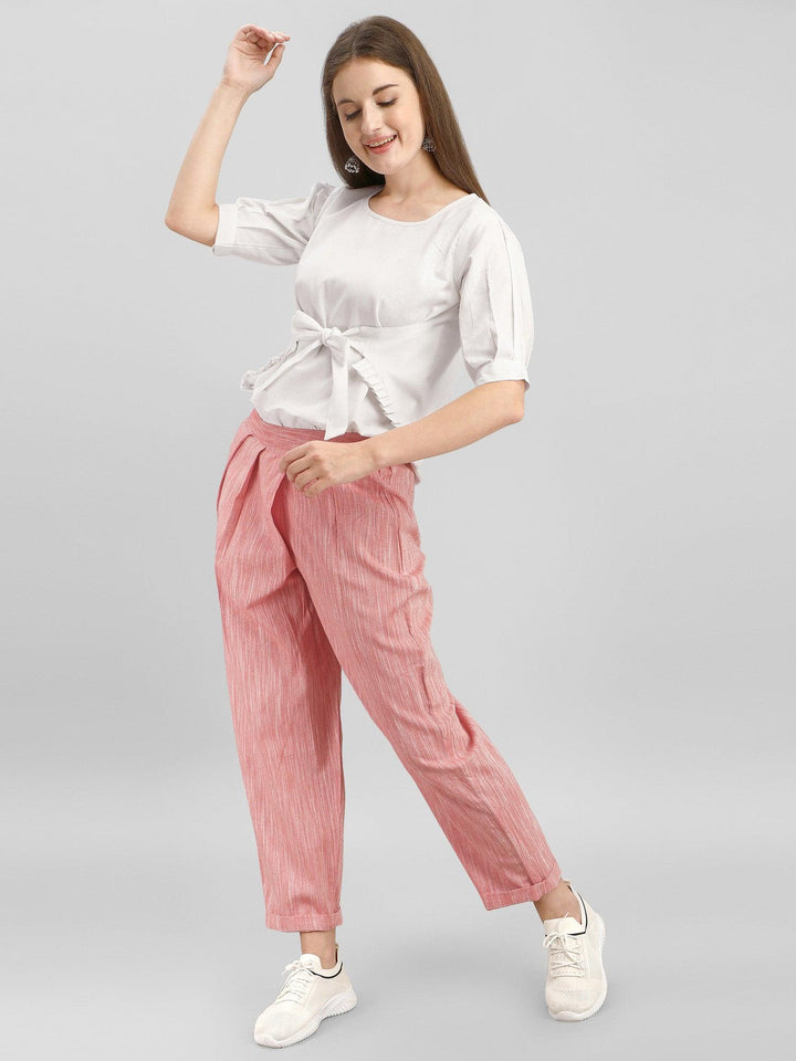 Casual Peach Pleated Pant And Tie Up Top Set - VJV Now