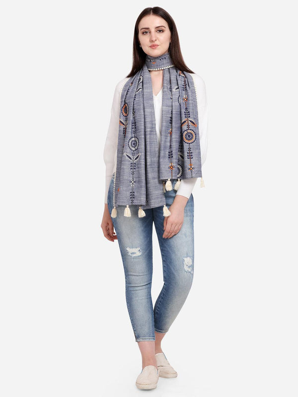 Charmed Cement Indigo Khadi Embrodiered Stole/Scarf - VJV Now