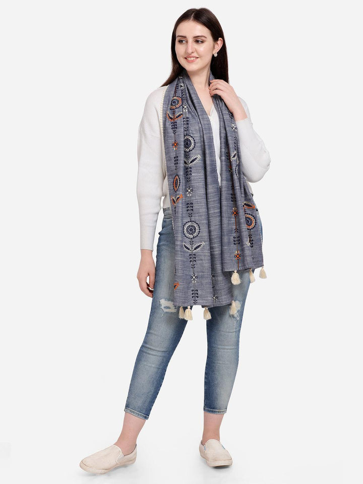 Charmed Cement Indigo Khadi Embrodiered Stole/Scarf - VJV Now