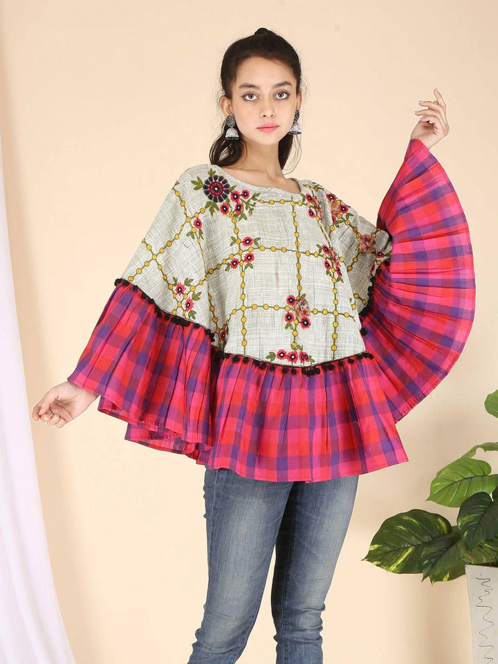 Chex Frill Embroidered Circular Poncho - VJV Now