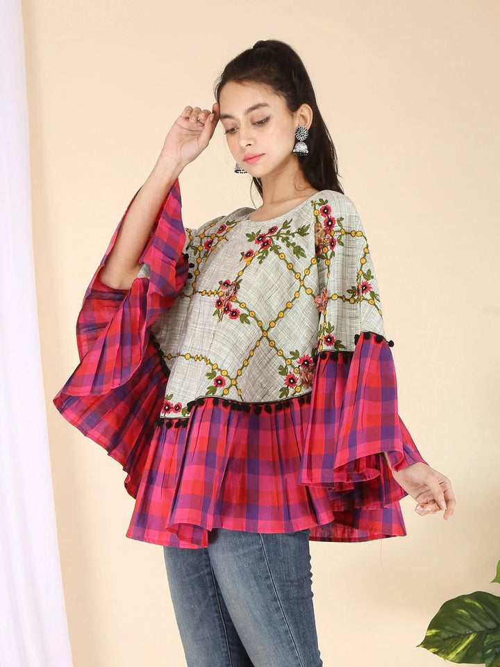 Chex Frill Embroidered Circular Poncho - VJV Now