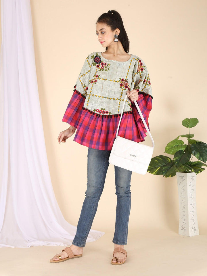 Chex Frill Embroidered Circular Poncho - VJV Now