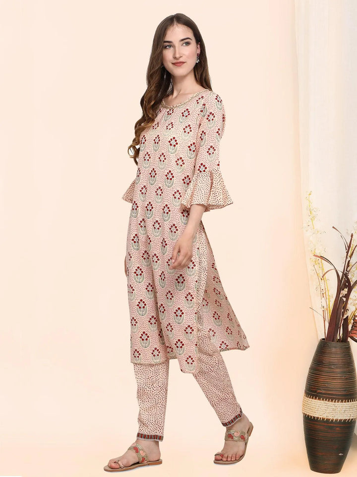 Classic Beige Handblock Cotton Printed Kurta set - VJV Now