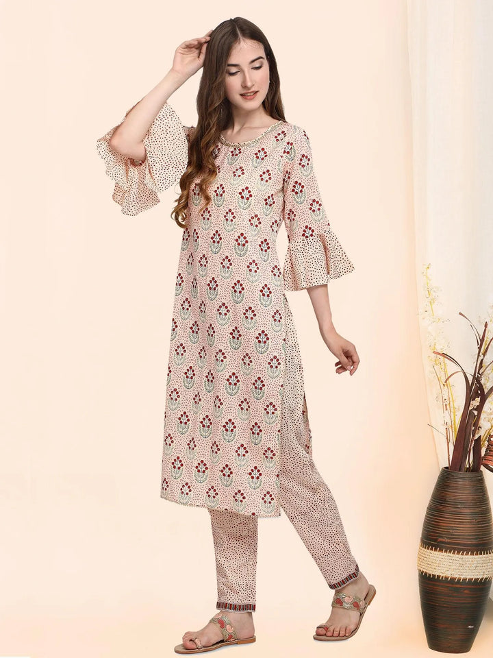 Classic Beige Handblock Cotton Printed Kurta set - VJV Now