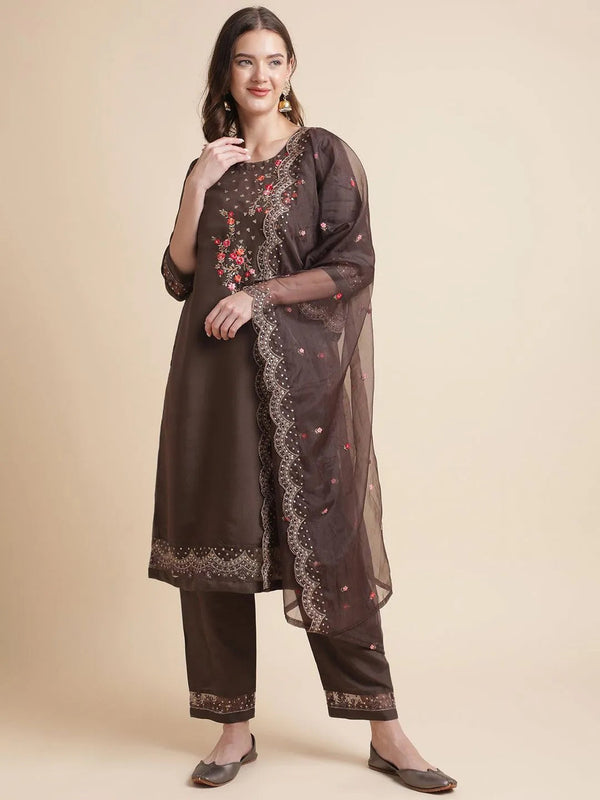 Coffee cotton beautiful Flowers Embroidered Kurti set with dupatta - VJV Now