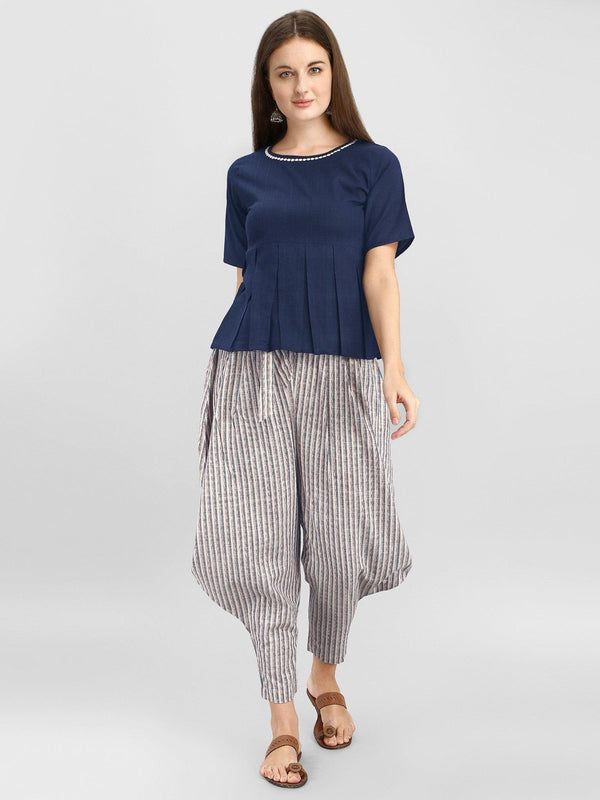 Cowl Tie-up Strip Pants With Blue Peplum Top - VJV Now