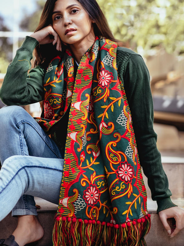 Deep Green Woolen Heavily Embroidered Khadi Muffler - VJV Now