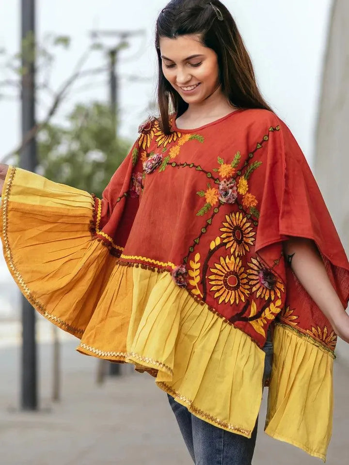 Deep red and yellow Traditional Khadi Poncho - VJV Now