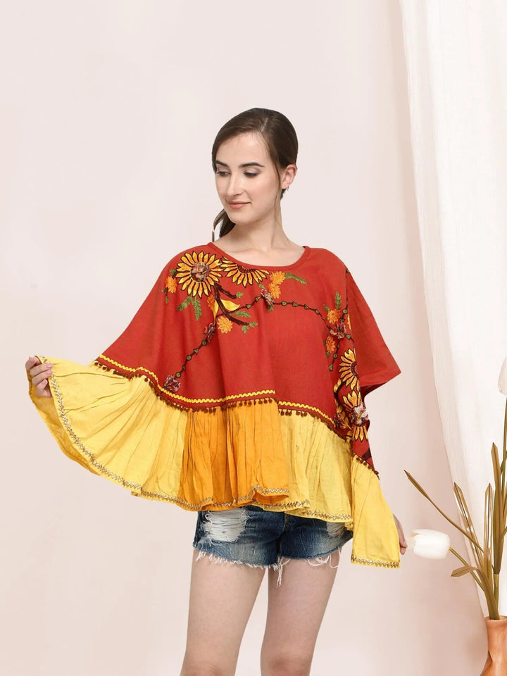 Deep red and yellow Traditional Khadi Poncho - VJV Now