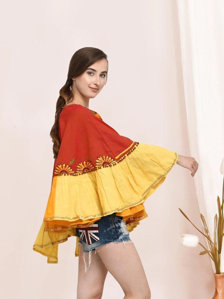 Deep red and yellow Traditional Khadi Poncho - VJV Now