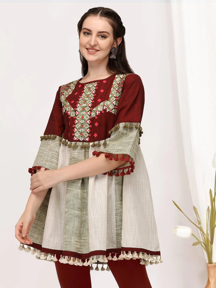 Deep wine cotton embroidered long kedia top - VJV Now