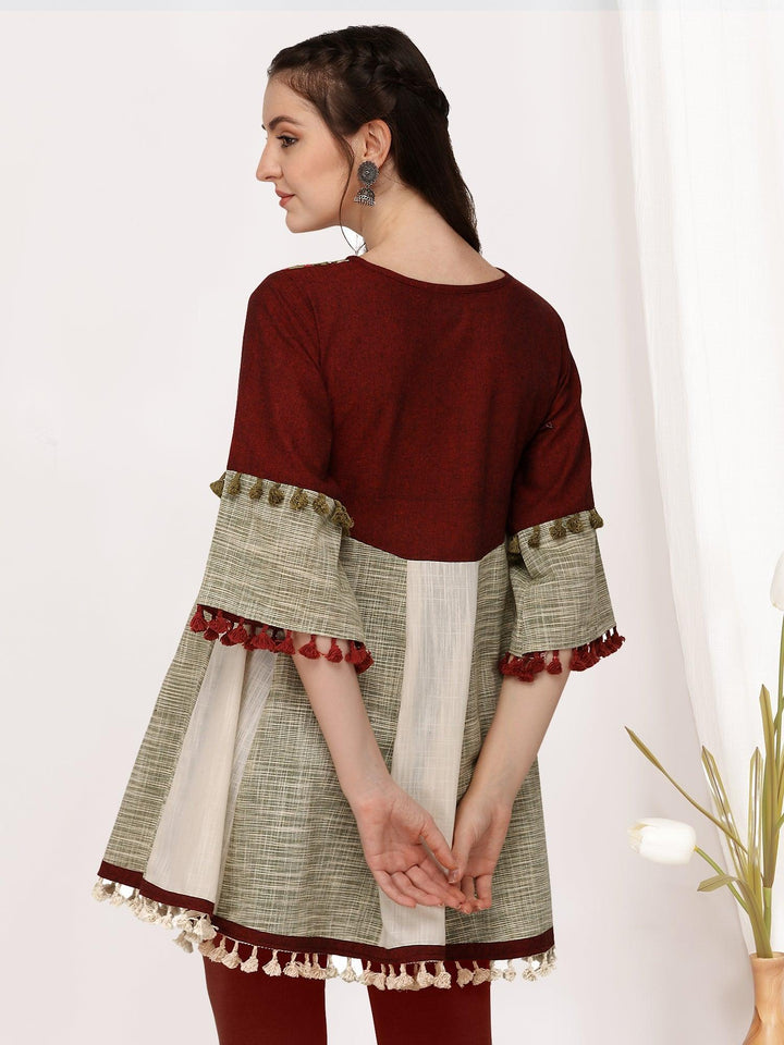 Deep wine cotton embroidered long kedia top - VJV Now