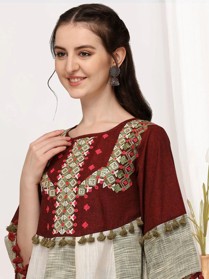 Deep wine cotton embroidered long kedia top - VJV Now