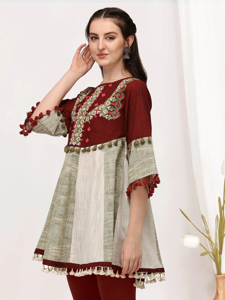 Deep wine cotton embroidered long kedia top - VJV Now