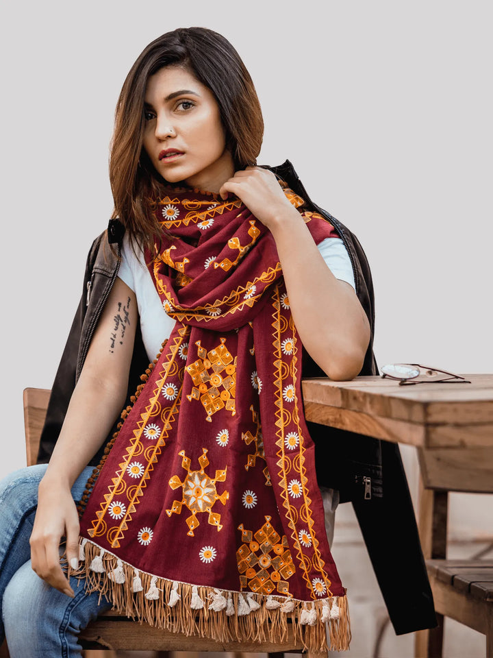 Deep Wine Snow Flake Woollen Embroidered Khadi Muffler - VJV Now