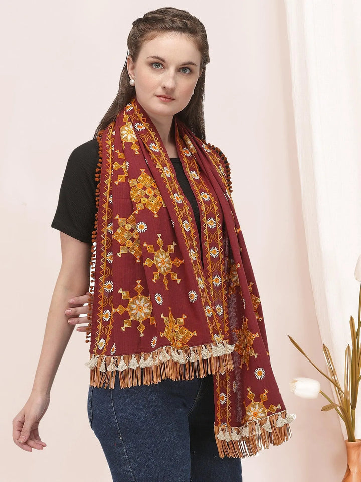 Deep Wine Snow Flake Woollen Embroidered Khadi Muffler - VJV Now