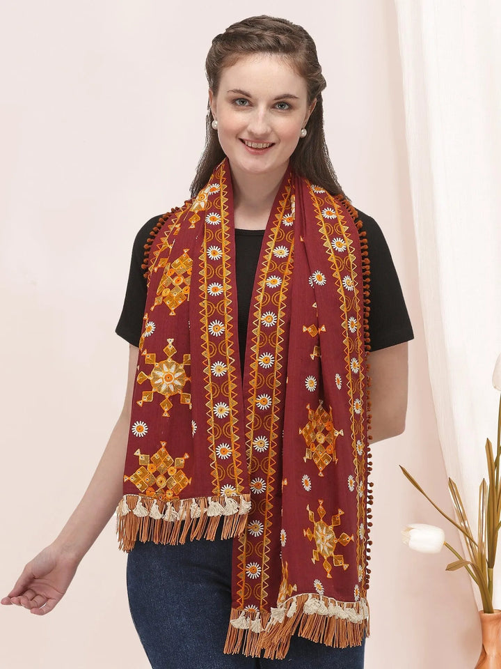 Deep Wine Snow Flake Woollen Embroidered Khadi Muffler - VJV Now