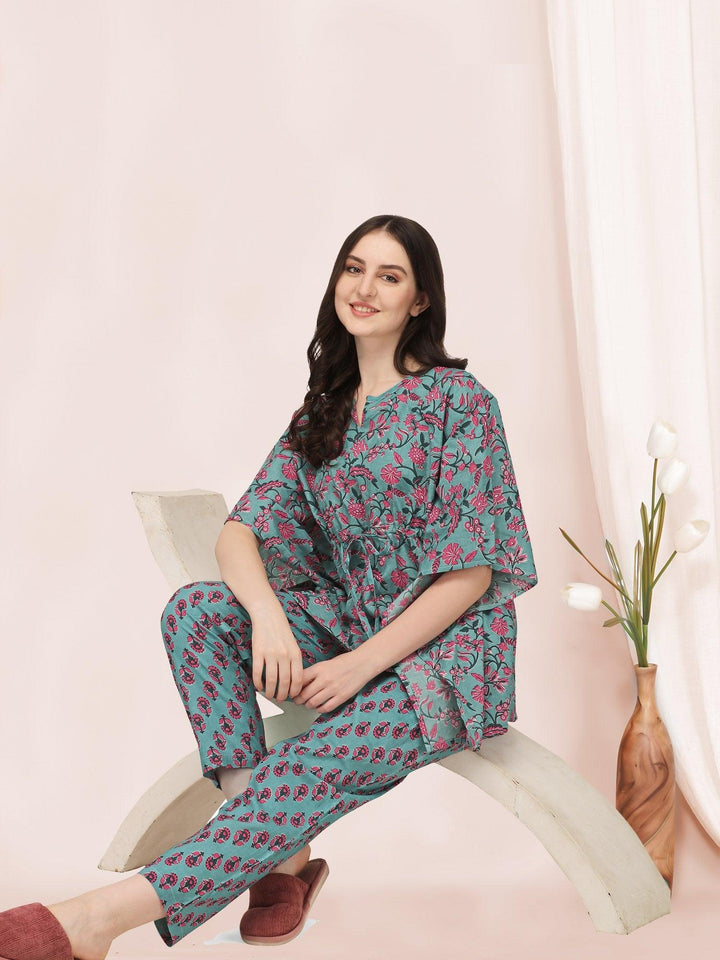 Dusty blue And Pink Floral Printed Kaftan Night Suit Set - VJV Now