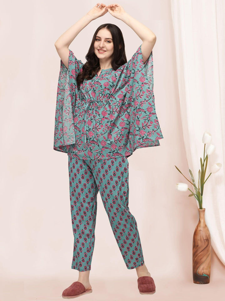 Dusty blue And Pink Floral Printed Kaftan Night Suit Set - VJV Now