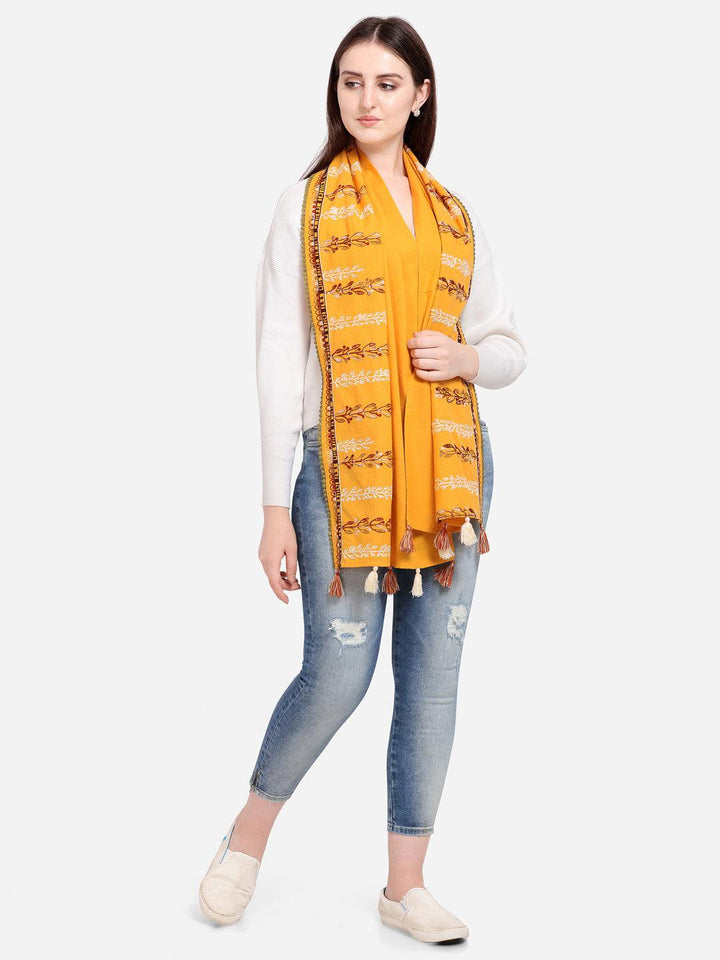 Earthy Grassroot Khadi Yellow Embroidered Stole/scarf - VJV Now