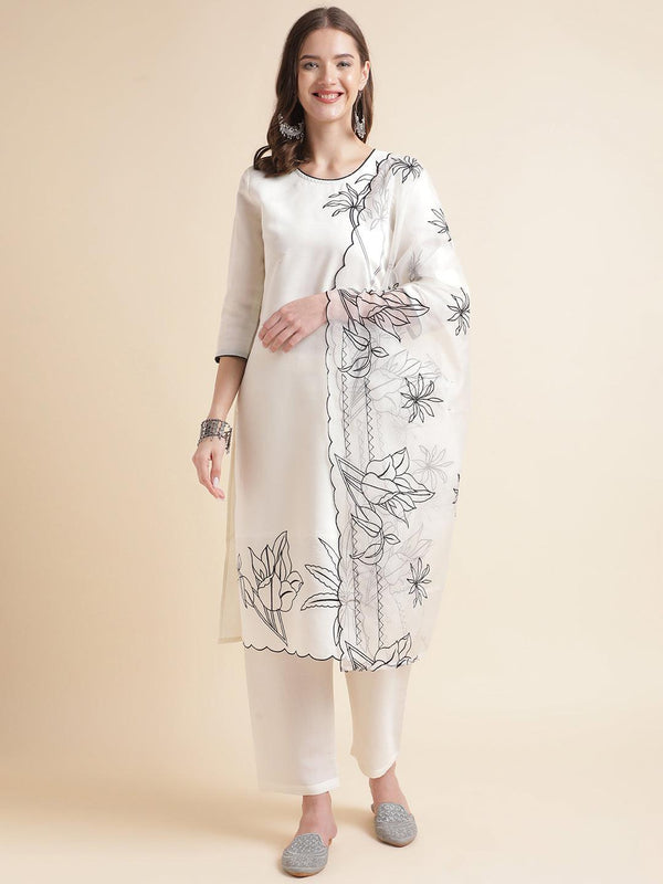Embroidered white Kurtis with white pant and fancy dupatta - VJV Now