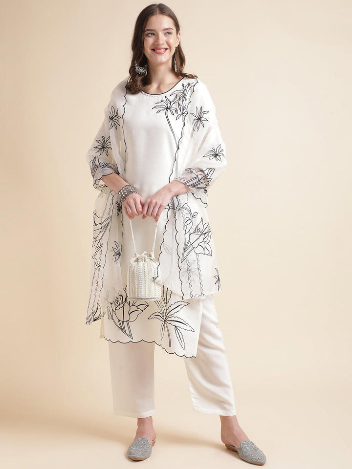 Embroidered white Kurtis with white pant and fancy dupatta - VJV Now