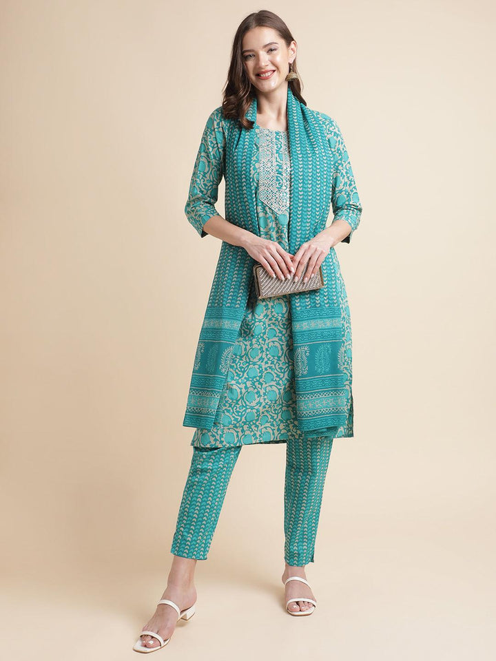Green Batik Print Cotton Kurta With Pant And Printed Dupatta - VJV Now