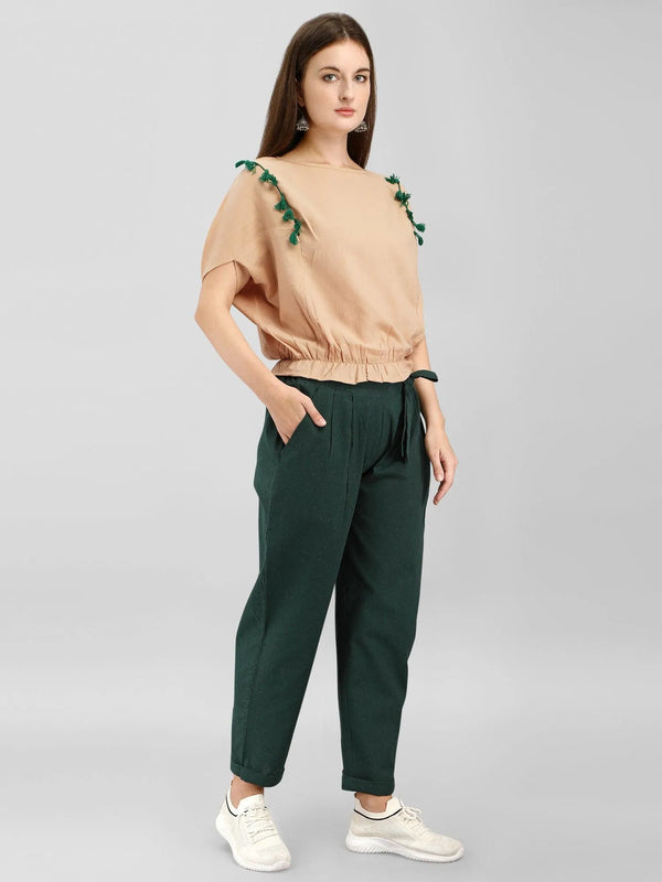 Green Casual Waist Tieup Pants & Bat Wing Top - VJV Now