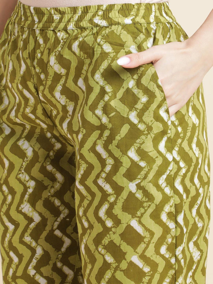 Green cotton printed sequined tie-up neck kurtas with pant - VJV Now