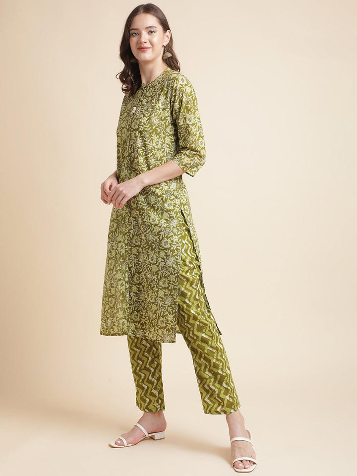 Green cotton printed sequined tie-up neck kurtas with pant - VJV Now