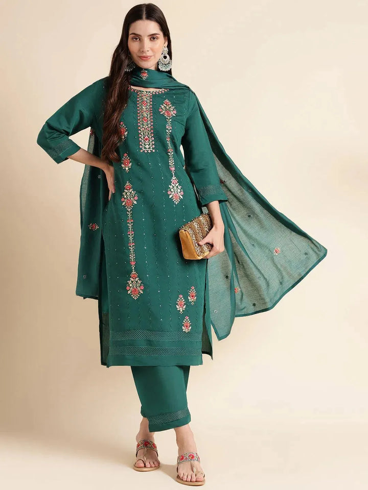 Green Embroidered cotton round Neck Women's kurta set with dupatta - VJV Now