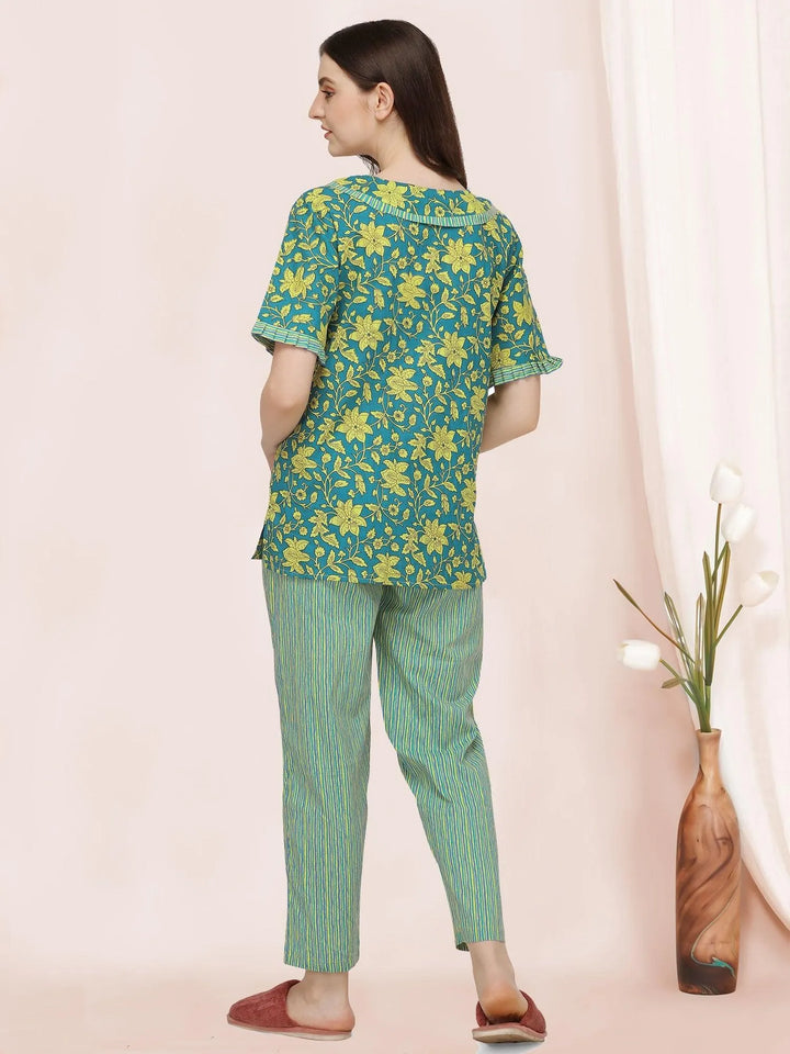 Green Floral Handblock Printed Cotton Pajama Suit Set - VJV Now