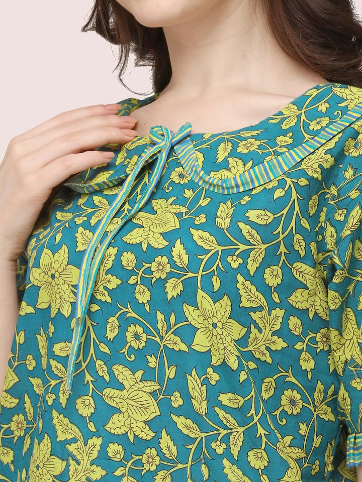 Green Floral Handblock Printed Cotton Pajama Suit Set - VJV Now