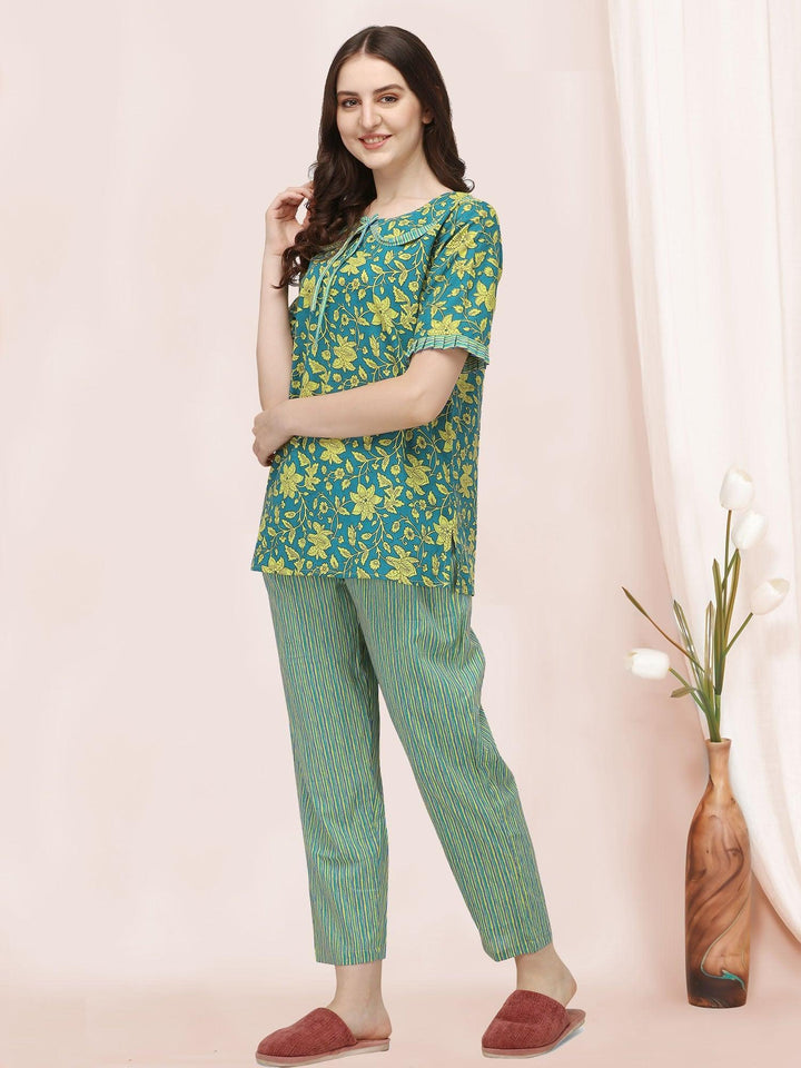 Green Floral Handblock Printed Cotton Pajama Suit Set - VJV Now