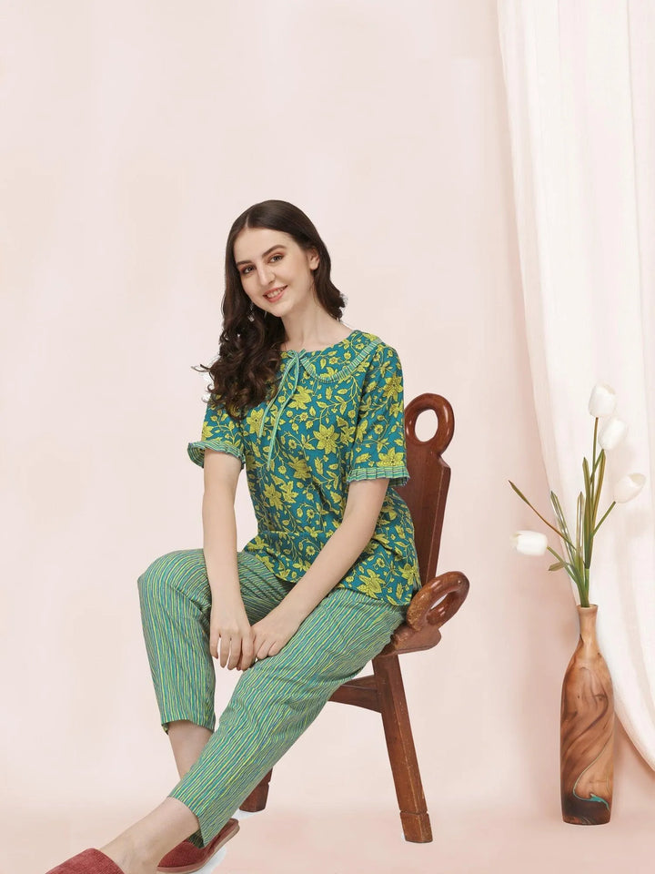 Green Floral Handblock Printed Cotton Pajama Suit Set - VJV Now